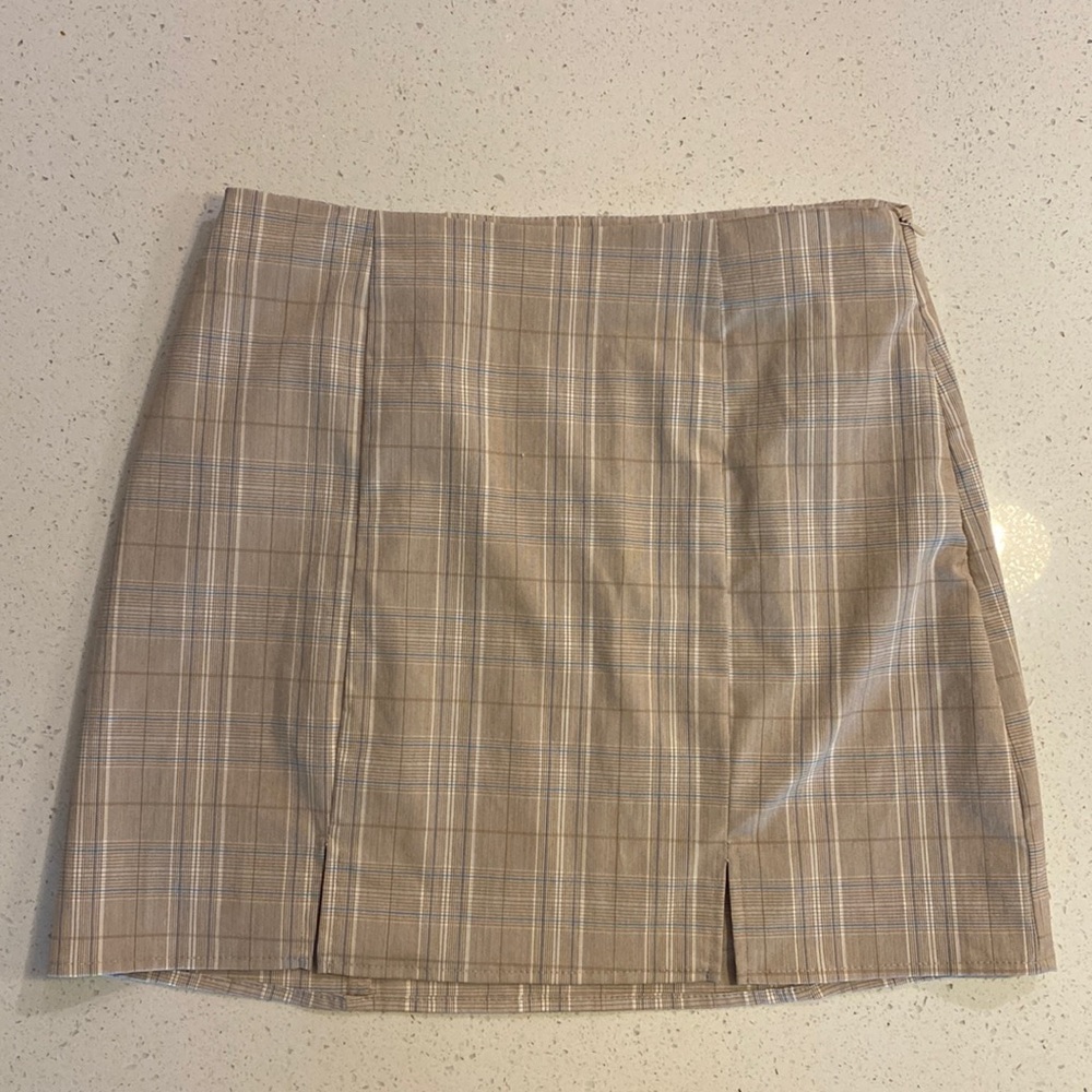 tan plaid mini skirt from altar’d state